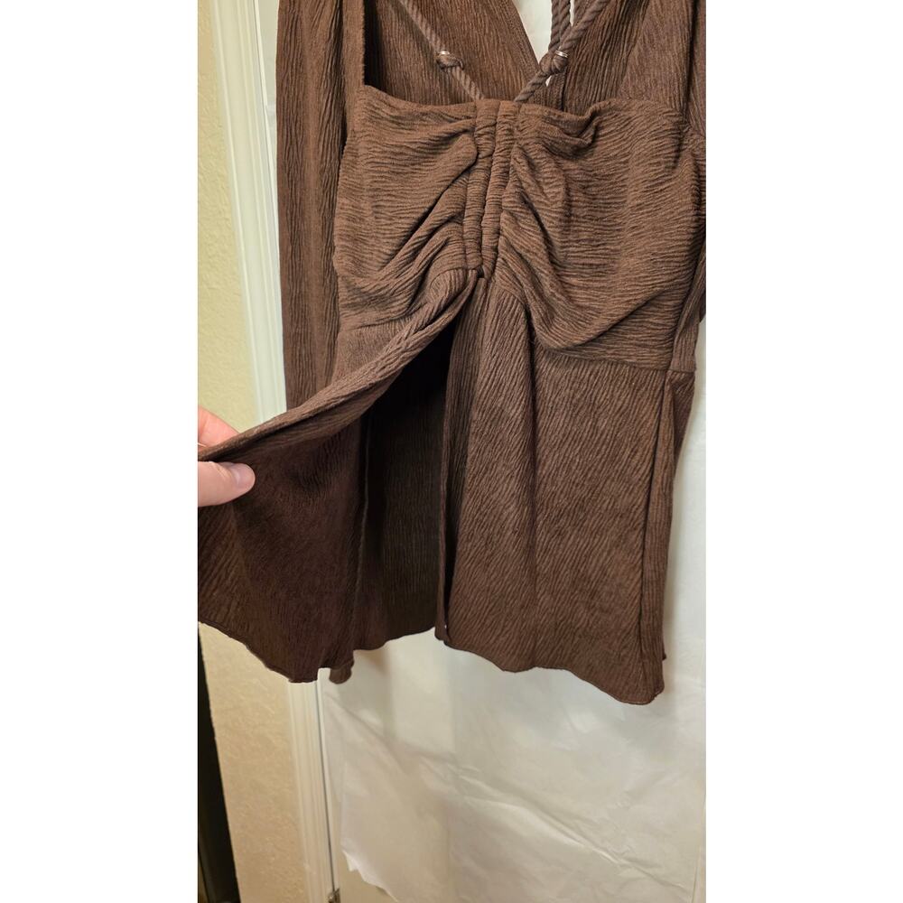 NwT Moon River Chocolate Ruche Long Sleeve Boho Peplum Textured Top XS - Picture 4 of 12